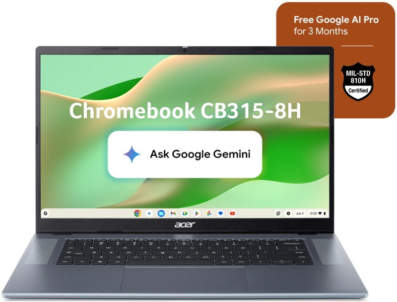Acer Chromebook MediaTek Kompanio 540 - (4 GB/64 GB EMMC Storage/Chrome OS) CB315-8H Chromebook(15.6 inch, Silver)