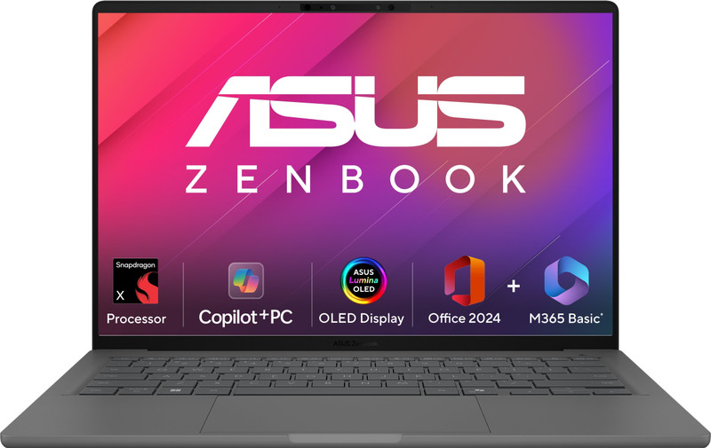ASUS Zenbook A14 OLED (2025), MSO 2024 + M365 Basic, Metal Body, Backlit Keyboard, Snapdragon X - (16 GB/512 GB SSD/Windows 11 Home) UX3407QA-QD259WS Thin and Light Laptop(14 Inch, Iceland Gray, 0.98 Kg, With MS Office)