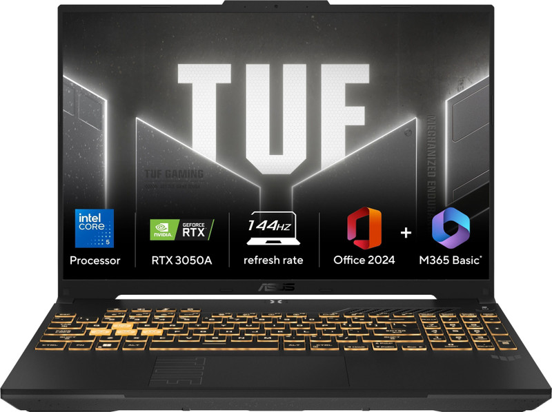 ASUS TUF Gaming F16 (2025) with Office 2024 + M365 Basic*, (i5 14th gen) Intel Core 5 210H - (16 GB/512 GB SSD/Windows 11 Home/4 GB Graphics/NVIDIA GeForce RTX 3050A/144 Hz) FX607VB-RL076WS Gaming Laptop(16 Inch, Mecha Gray, 2.20 Kg, With MS Office)