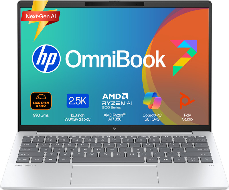 HP OmniBook 7 Aero (Previously Pavilion) AMD Ryzen AI 7 Octa Core AI 7 350 - (16 GB/512 GB SSD/Windows 11 Home) 13-bg1456AU Thin and Light Laptop(13.3 Inch, Glacier Silver, 1.0 Kg, With MS Office)