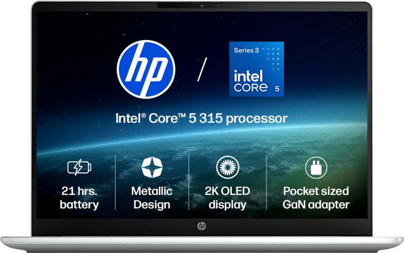 HP Omnibook 3 Next Gen AI PC, 2K OLED Intel Core 5 Series 3 315 - (12 GB/512 GB SSD/Windows 11 Home) 14-ht0242TU Laptop(14 inch, Glacier Silver Aluminum, 1.4 kg, With MS Office)