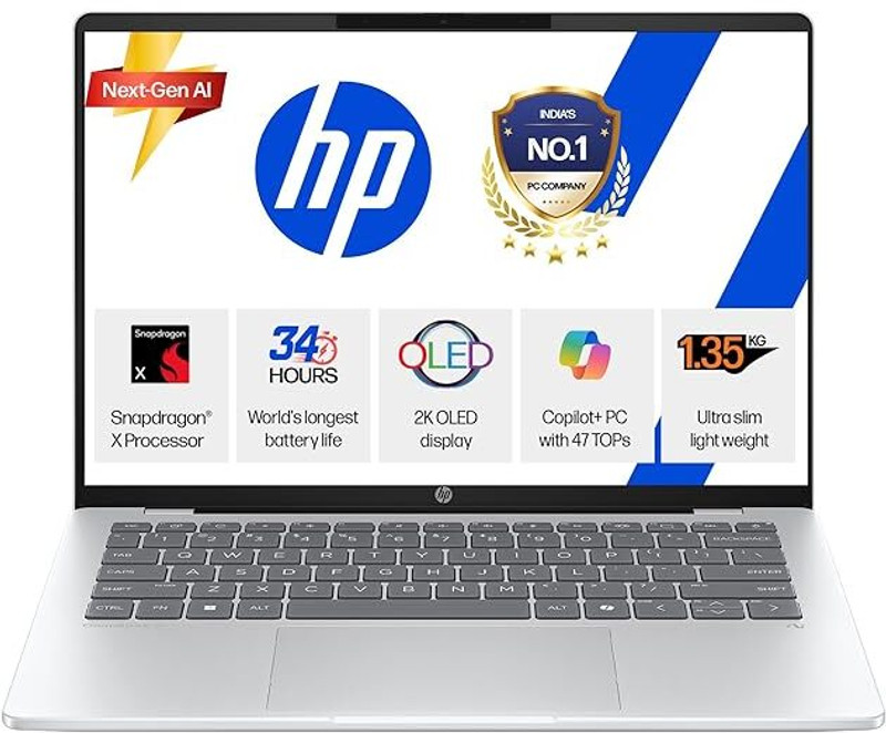 HP Omnibook 5 2K OLED Snapdragon X - (16 GB/1 TB SSD/Windows 11 Home) Omnibook 5 14-he0015QU Thin and Light Laptop(14 Inch, Glacier Silver Aluminum, 1.29 kg, With MS Office)
