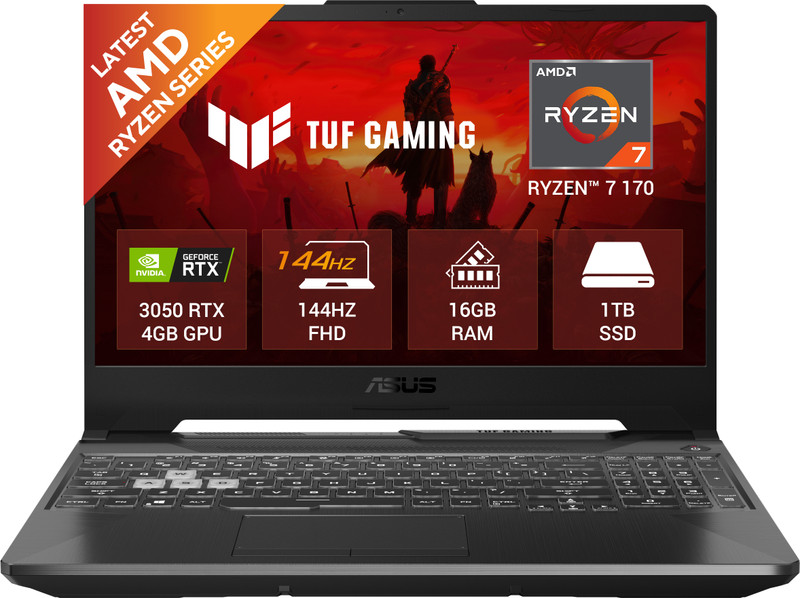ASUS TUF Gaming A15 (2025) AMD Ryzen 7 7445HS - (16 GB/512 GB SSD/Windows 11 Home/4 GB Graphics/NVIDIA GeForce RTX 3050/144 Hz) FA506NCG-HN199W Gaming Laptop(15.6 Inch, Black, 2.3 Kg)