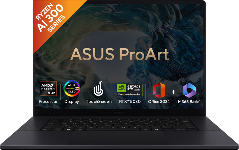 ASUS ProArt P16 (2025) for Creator with Touch Screen, MSO 2024 + M365 Basic ,AI PC AMD Ryzen AI 9 HX 12 Core 370HX - (64 GB/2 TB SSD/Windows 11 Home/16 GB Graphics/AMD Radeon NVIDIA GeForce RTX 5080/120 GHz) H7606WW-SE023WS Gaming Laptop(16 Inch, Nano Black, 1.95 kg, With MS Office)