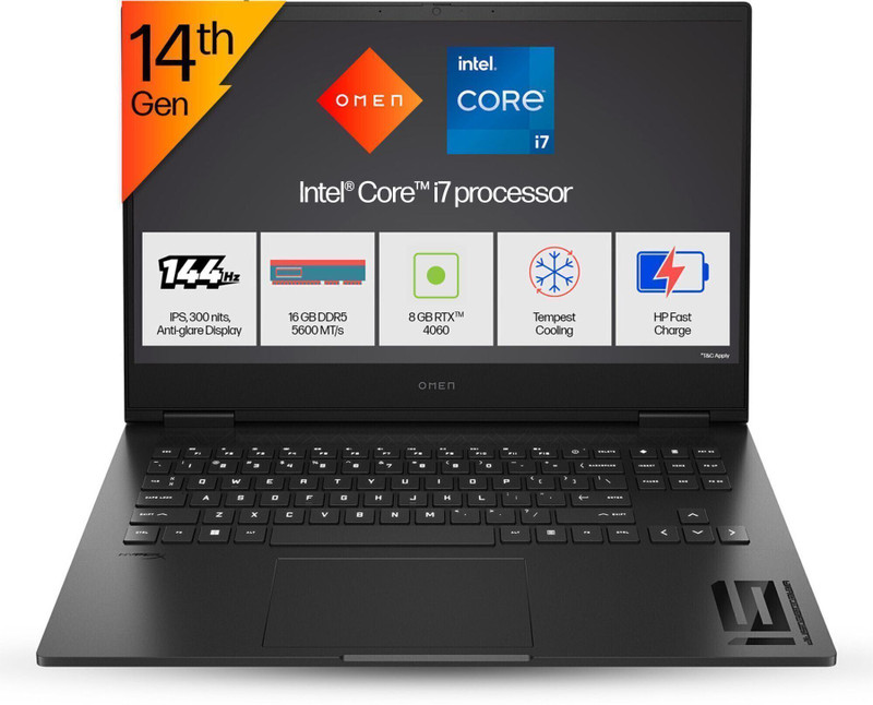 HP OMEN Intel Core i7 14th Gen 14650HX - (16 GB/1 TB SSD/Windows 11 Home/8 GB Graphics/NVIDIA GeForce RTX 4060) Omen 16 wf1096TX/ ae0002tx Gaming Laptop(16.1 Inch, Shadow Black, 2.32 Kg, With MS Office)