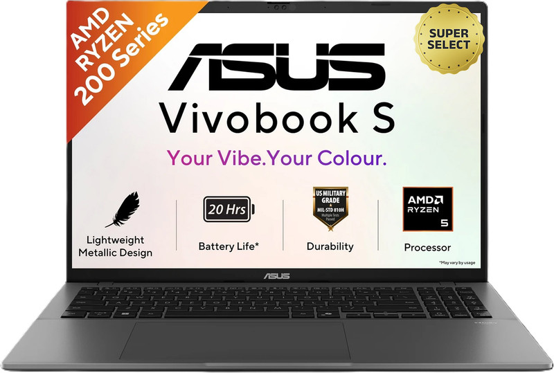 ASUS Vivobook S16 (2026) with Metallic Design, Gaming Grade CPU AMD Ryzen 5 220 - (16 GB/512 GB SSD/Windows 11 Home) M3607HA-RP218WS Thin and Light Laptop(16 inch, Matte Gray, 1.7 kg, With MS Office)