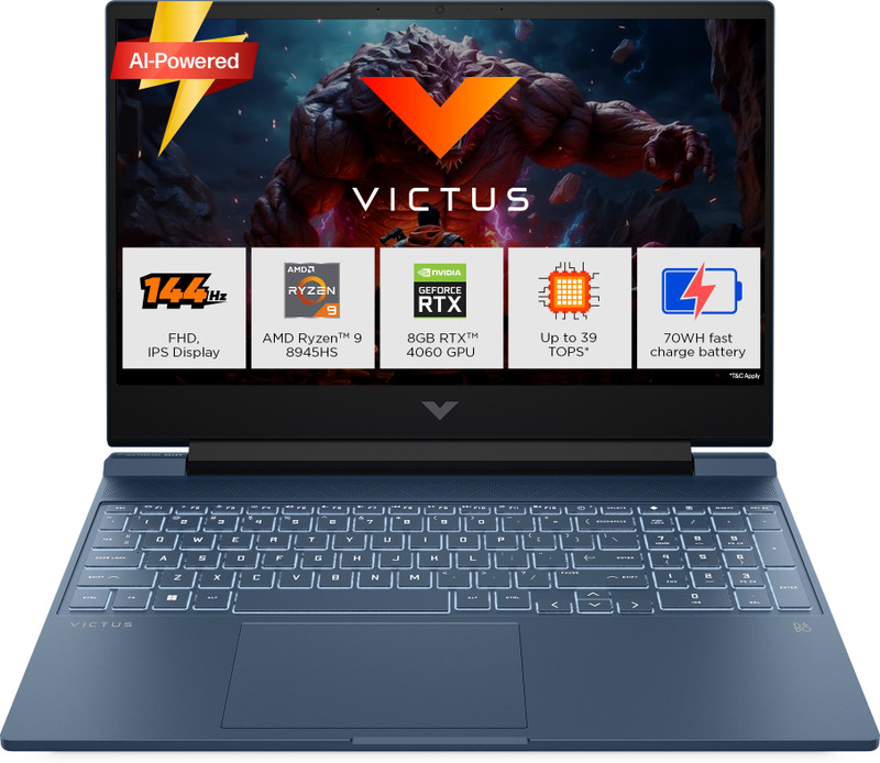 HP Victus AI 39 TOPS AMD Ryzen 9 Octa Core 8945HS - (16 GB/1 TB SSD/Windows 11 Home/8 GB Graphics/NVIDIA GeForce RTX 4060/144 Hz) 15-fb3025AX Gaming Laptop(15.6 Inch, Performance Blue, 2.29 Kg, With MS Office)