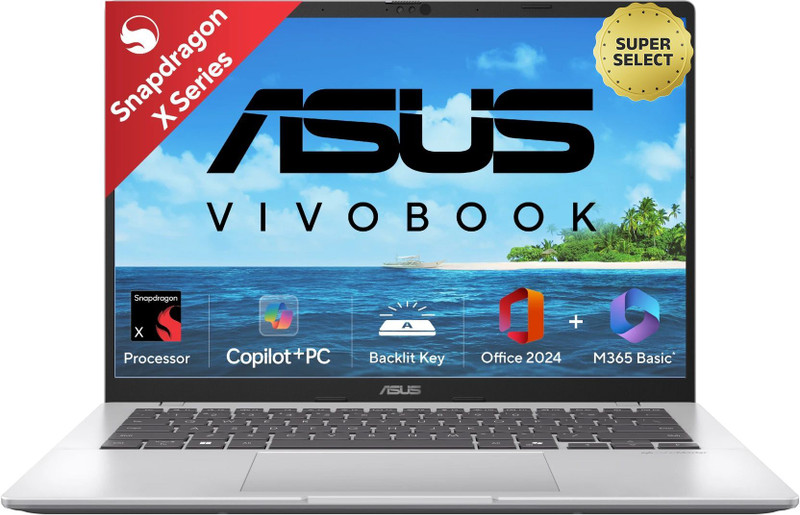 ASUS Vivobook 14 (2025) with Office 2024 + M365 Basic*, Backlit Keyboard, Snapdragon X - (16 GB/512 GB SSD/Windows 11 Home) X1407QA-LY058WS Thin and Light Laptop(14 Inch, Cool Silver, 1.49 Kg, With MS Office)