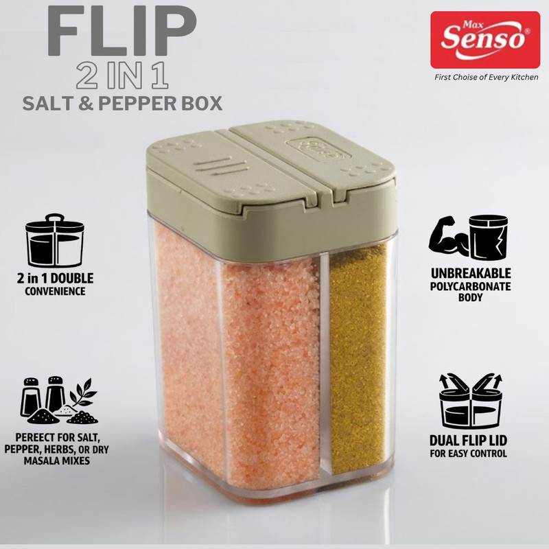 Max senso Flip Salt & Pepper Box with 2 in 1 Compartment Salt Storage Container Sugar Sprinkler 200 gm