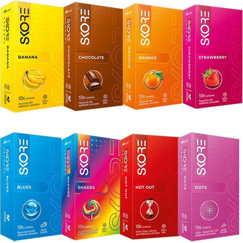 SKORE New Adventure Pack Flavoured Quality Condoms - 10 Pieces, Pack of 8 Condom(Set of 8, 80 Sheets)