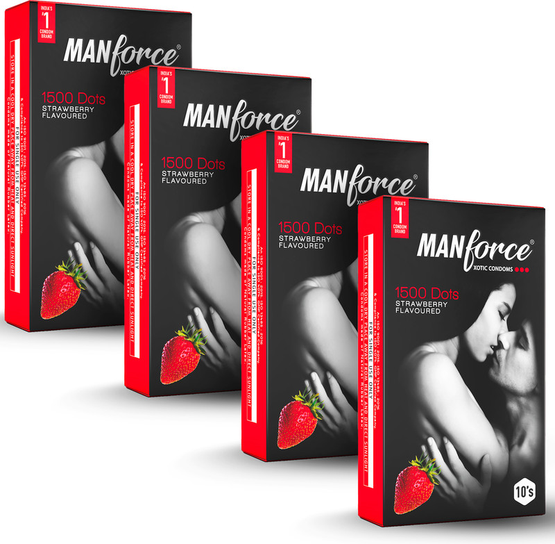 MANFORCE Condoms 3 in 1 Ribbed, Contour, Dotted, Strawberry Flavoured Condoms ,10 x 4 Condom(Set of 4, 40 Sheets)