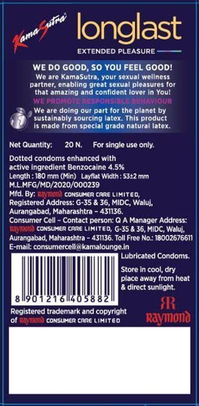 Kamasutra LongLast Condom 20 Condoms Condom(20 Sheets)