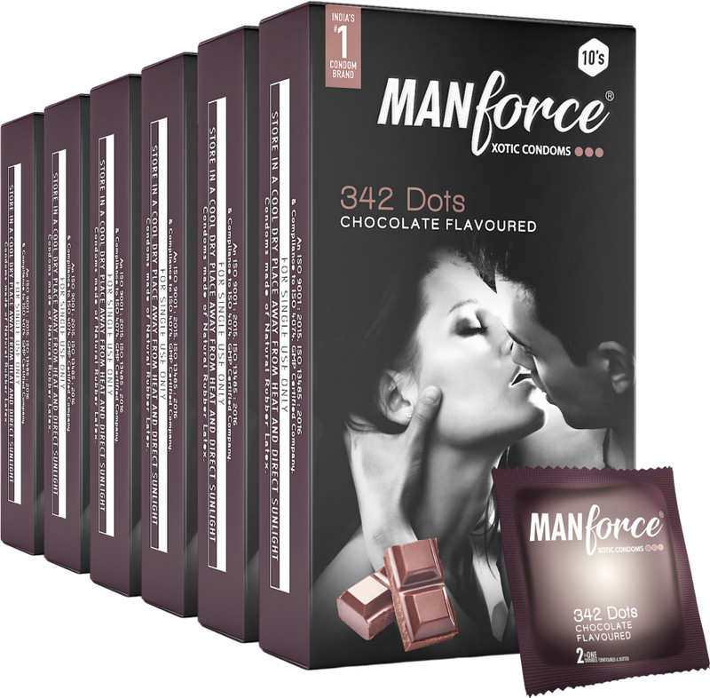 MANFORCE Xotic Strawberry Flavoured Extra Dotted Condoms for Men - 10 pcs x Pack of 6 Condom(Set of 6, 60 Sheets)
