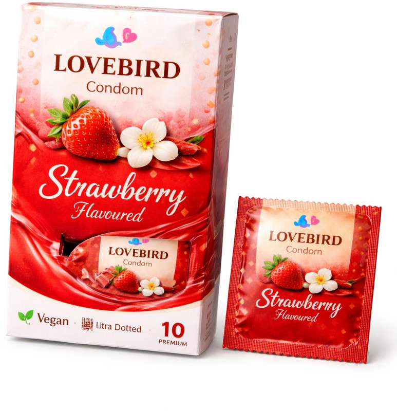 LOVEBIRDCONDOM ULTRA THIN STRAWBERRY FLOVOURED&VENILA BASE DOTTED CONDOM Condom(10 Sheets)