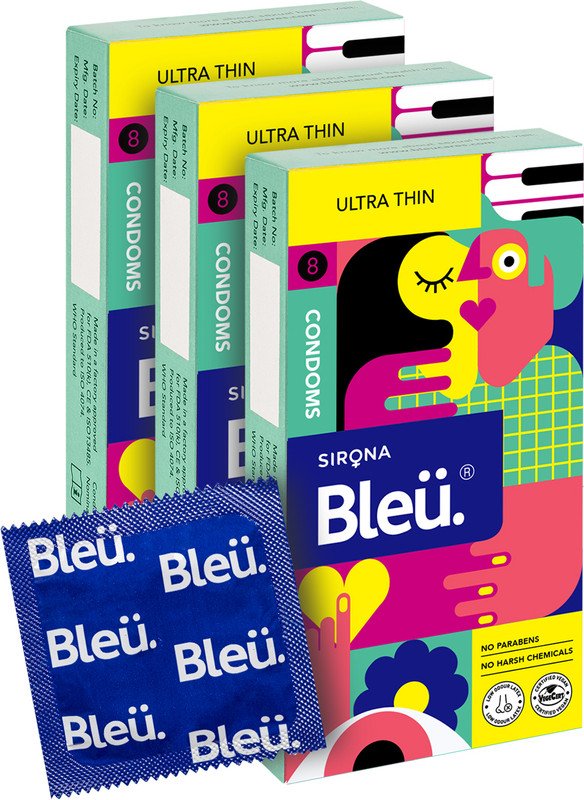 Bleu 100% Natural Latex Ultra Thin Condoms for Men, Reduced Itch and Irritation Condom(Set of 3, 24 Sheets)