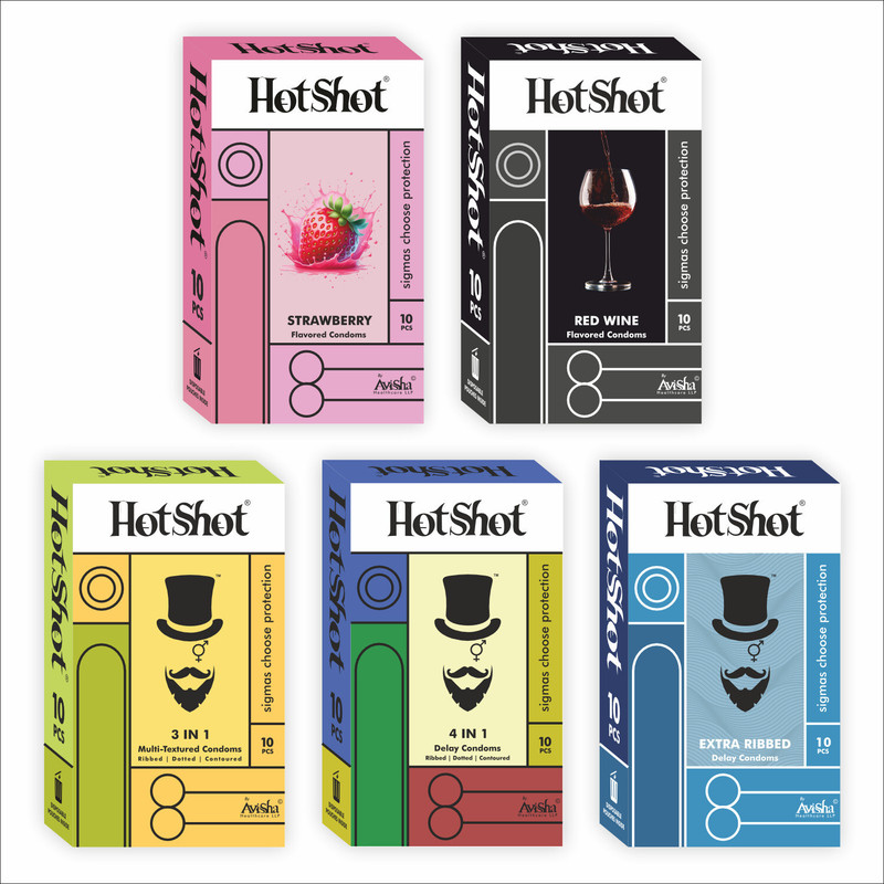 HOTSHOT Condom Combo Pack 50 - 3in1, 4in1 Delay, Ribbed, Dotted, Red Wine and Strawberry Condom(Set of 5, 50 Sheets)