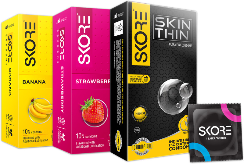 SKORE Skin Thin,Strawberry Banana Flavoured Condom Condom(Set of 3, 30 Sheets)