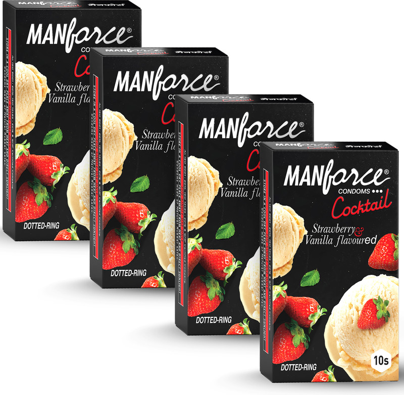 MANFORCE Cocktail Condoms (DottedRings), Strawberry & Vanilla Flavoured ,10 x Pack of 4 Condom(Set of 4, 40 Sheets)