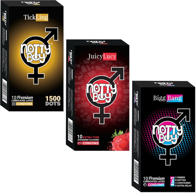 NottyBoy Extra Delay Time, 1500 Dots Full Dotted, Ribbed and Strawberry, Snug Fit Condom(Set of 3, 30 Sheets)