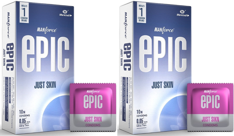 MANFORCE Epic Just Skin Ultra Thin Condoms – 0.05mm, Natural Feel, 10 Sheets | Pack of 2 Condom(Set of 2, 20 Sheets)