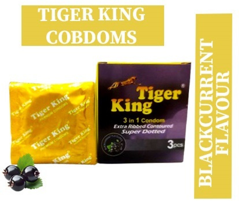 Cosmetize TIGER KING CONDOM EXTRA RIBBED SUPER DOTTED BALCK CURRENT FLAVOURED Condom(Set of 3, 9 Sheets)