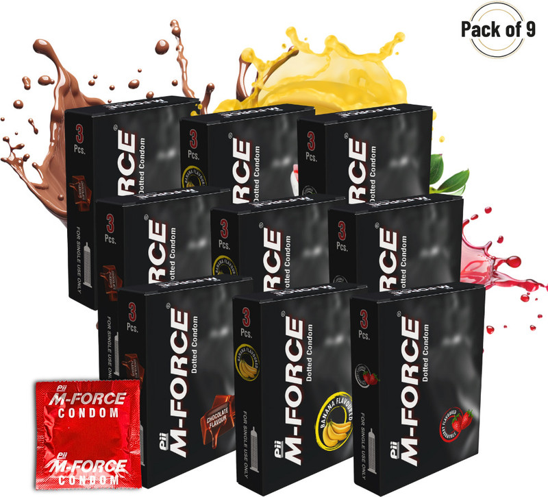 M-Force Condom For Men | Chocolate + Banana + Strawberry Flavored | Combo Pack Condom(Set of 6, 18 Sheets)