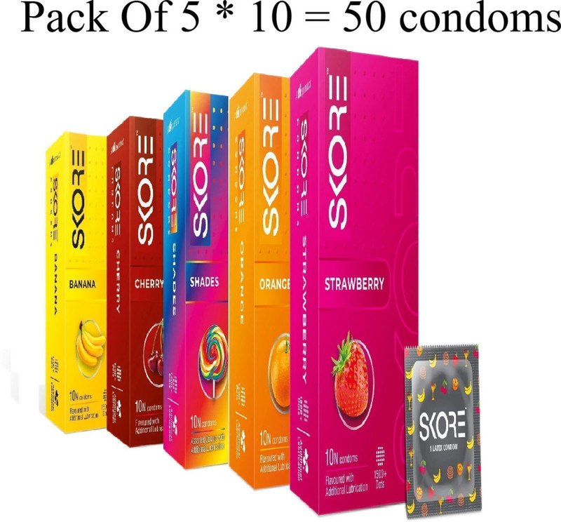 SKORE Dotted Banana,Cherry,Orange,Shades,Strawberry s Condom(Set of 5, 50 Sheets)