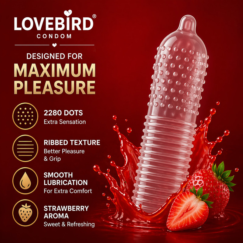 LOVEBIRDCONDOM ULTRA PRIMIUM STRAWBERRY FLOVOURED&VENILA WITH 2280 DOTS+EXTRA TIME Condom(10 Sheets)