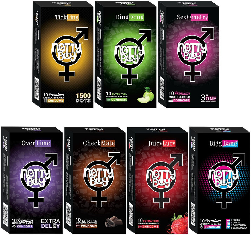 NottyBoy Honeymoon Package Extra Dotted, Ribbed, Contour, Extra Time and Flavoured Condom(Set of 7, 70 Sheets)