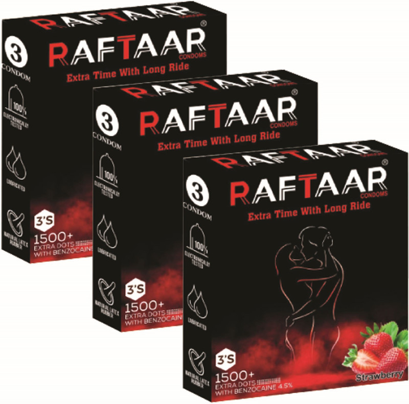RAFTAAR Strawberry 1500 Extra Dots Delay Condoms Pack of 3 Condom(9 Sheets)