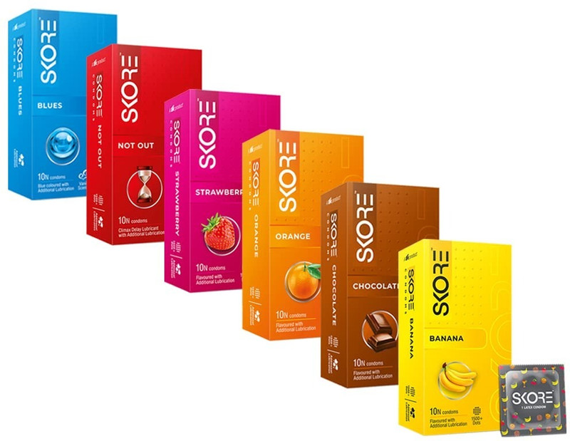 SKORE Banana, Chocolate, Orange, Strawberry, Notout, Blue Condom(Set of 6, 60 Sheets)