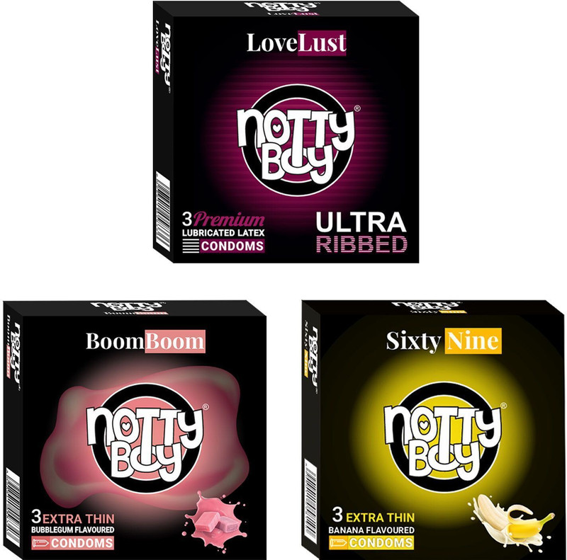 NottyBoy Extra Ribbed, Extra Thin Bubble gum and Banana Flavour Condom(Set of 3, 9 Sheets)