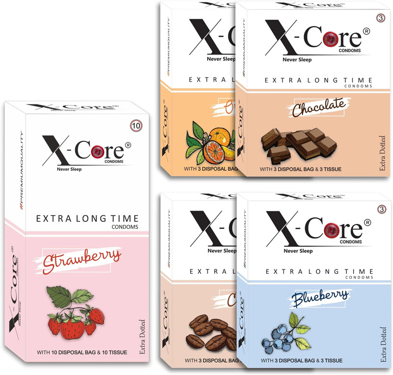 X-Core Extra Time Condoms For Men, Dotted For Pleasure with Tissue-Disposal All Flavor Condom(Set of 5, 22 Sheets)