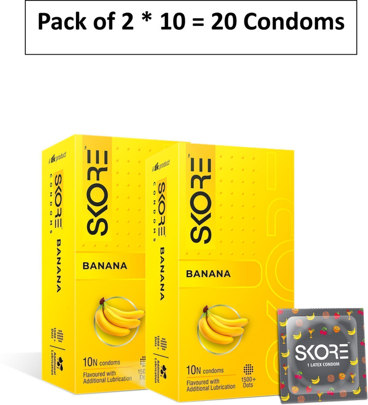 SKORE Banana Flavour | Extra Lubrication & 1500+ Dots Condom(Set of 2, 20 Sheets)