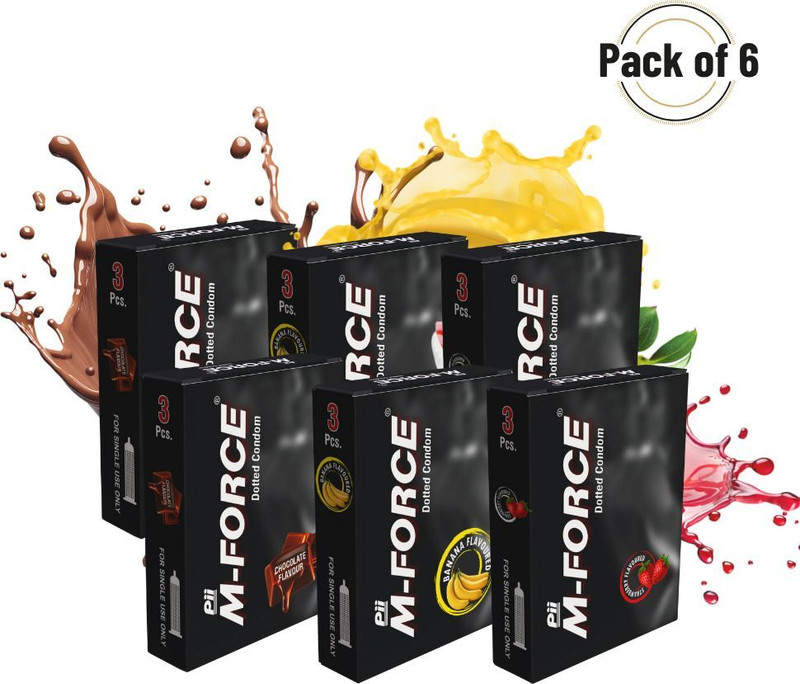 M-Force Condom For Men | Chocolate + Banana + Strawberry Flavored | Combo Pack Condom(Set of 6, 18 Sheets)