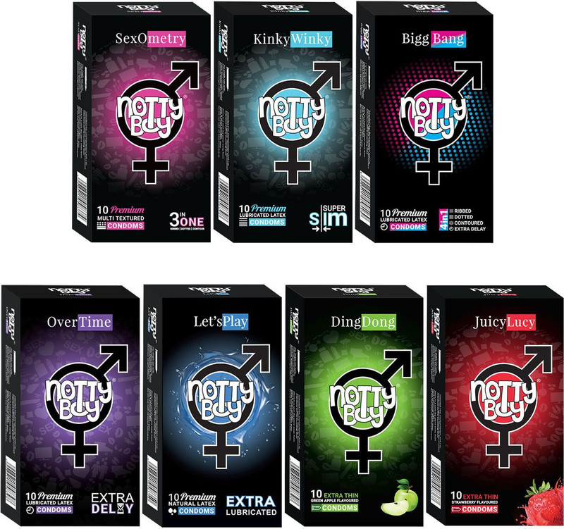 NottyBoy Condom Men Family Pack - Delay, Thin, Ribbed, Dotted, Pleasure Fit, Extra Lubricated and Flavoured Condom(Set of 7, 70 Sheets)
