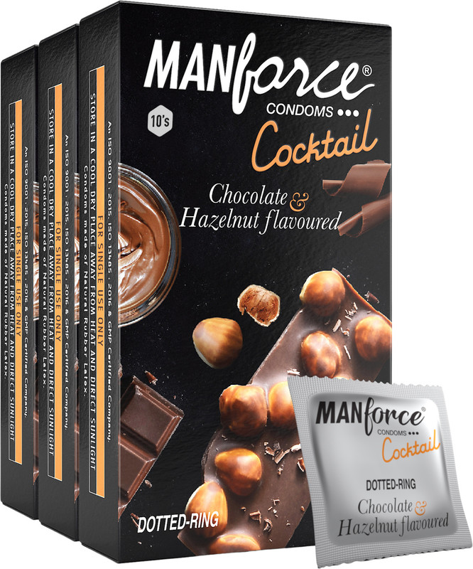 MANFORCE Cocktail Condoms with Dotted-Rings, Hazelnut & Chocolate Flavoured- 10 Pieces x Pack of 3 Condom(Set of 3, 30 Sheets)