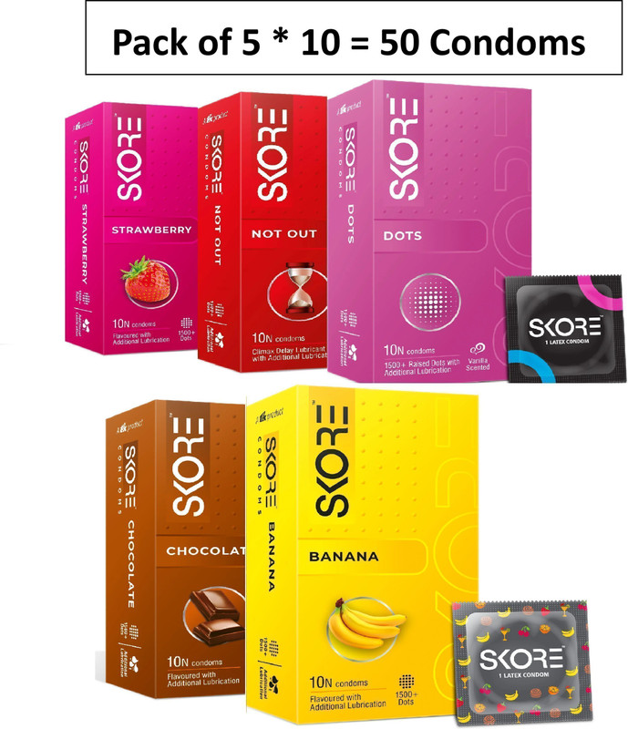 SKORE Banana, Chocolate, Orange, Strawberry, Notout, Blue Condom(Set of 6, 60 Sheets)