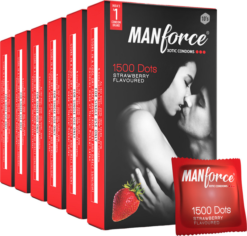 MANFORCE Xotic Strawberry Flavoured Extra Dotted Condoms for Men - 10 pcs x Pack of 6 Condom(Set of 6, 60 Sheets)