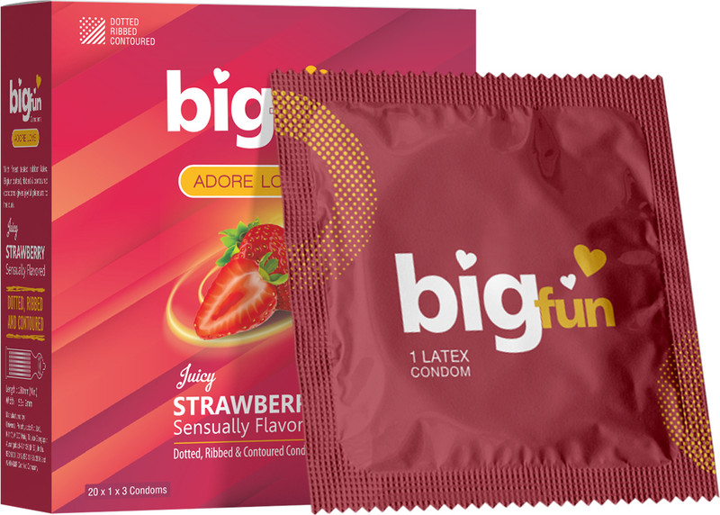 BIGFUN Juicy Strawberry Flavoured Condoms | Ribbed, Lubricated & Pleasure-Enhancing Condom(3 Sheets)
