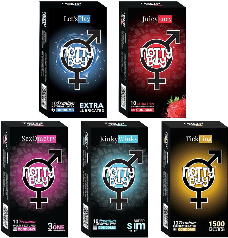 NottyBoy Condom Men Family Pack - Ultra Thin, Extended Pleasure, Extra Lubricated, Pleasure Fit, Ribbed, Extra Dotted and Flavoured Condom(Set of 7, 70 Sheets)