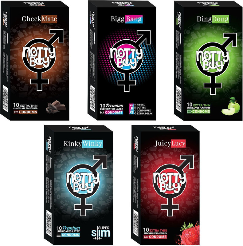 NottyBoy Combo Pack - Extra Time, Ribbed & Dotted, Extra Thin, Flavoured (Strawberry, Chocolate, Green Apple) Condom(Set of 5, 50 Sheets)