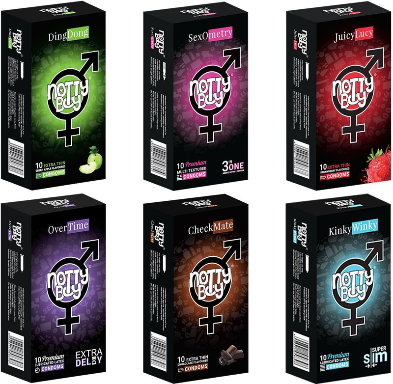 NottyBoy Honeymoon Pack Six Different Variety - Strawberry, Dotted, Extra Lubricated, Green Apple, Ribbed, Extra Time, Chocolate Flavoured Condom(Set of 6, 60 Sheets)