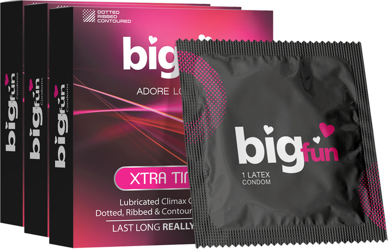 BIGFUN Xtra Time Climax Control Condoms | Lubricated, Ribbed & Dotted | Delays Climax Condom(Set of 3, 9 Sheets)