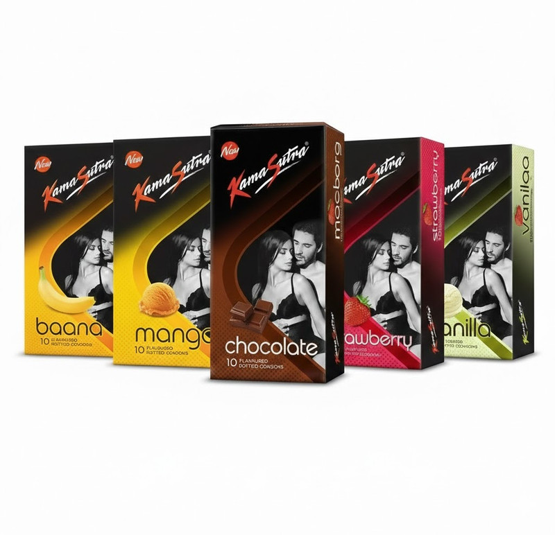Kamasutra Banana Grape Mango Strawberry Orange Flavour Combo Pack Condom(Set of 5, 50 Sheets)
