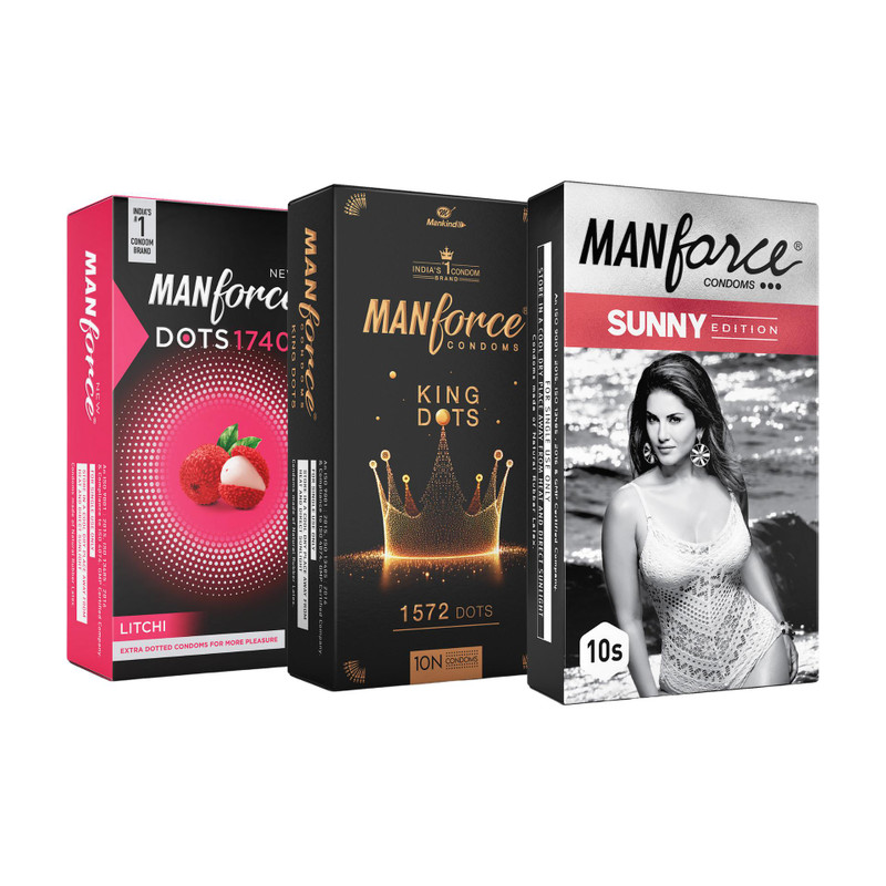 MANFORCE Condoms combo Pack (Sunny, Litchi & King dot), 30 Pcs, (Pack of 3) Condom(Set of 3, 30 Sheets)