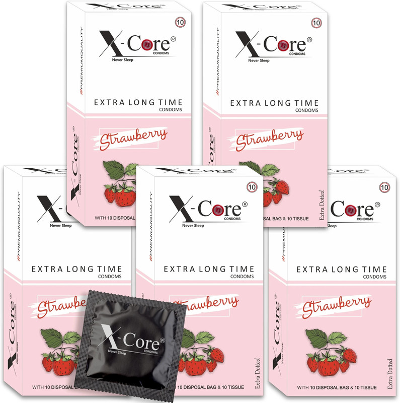 X-Core dotted condoms 150 pcs flavored condom with 150 pcs. DISPOSAL POUCHES & 150 pcs. TISSUE PAPERS, Free of chemicals like paraben, Flavors-(Strawberry) 15×10's box= 150 PCS. Condom(Set of 15, 150 Sheets)