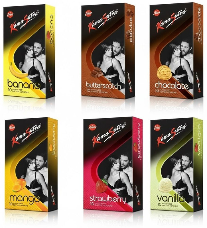 Kamasutra Excite Vanilla, Strawberry, Coffee Cappuccino, Butterscotch, Banana and Chocolate Flavoured Dotted Condom 10s (6x10) Condom(Set of 6, 60 Sheets)