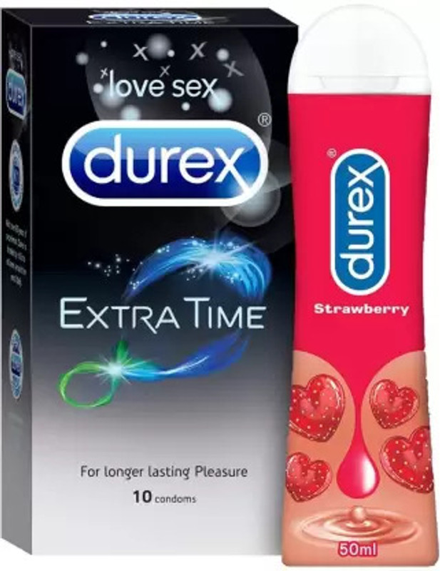 DUREX Extra Time 10s and Lube - Strawberry Flavoured Lubricant Condom(Set of 2, 10 Sheets)