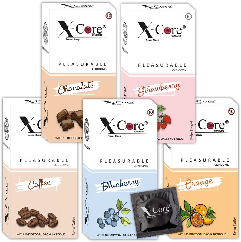 X-Core Honeymoon Combo Pack Mix Flavour Condom Free Tissue papers & Bags Condom(Set of 5, 50 Sheets)